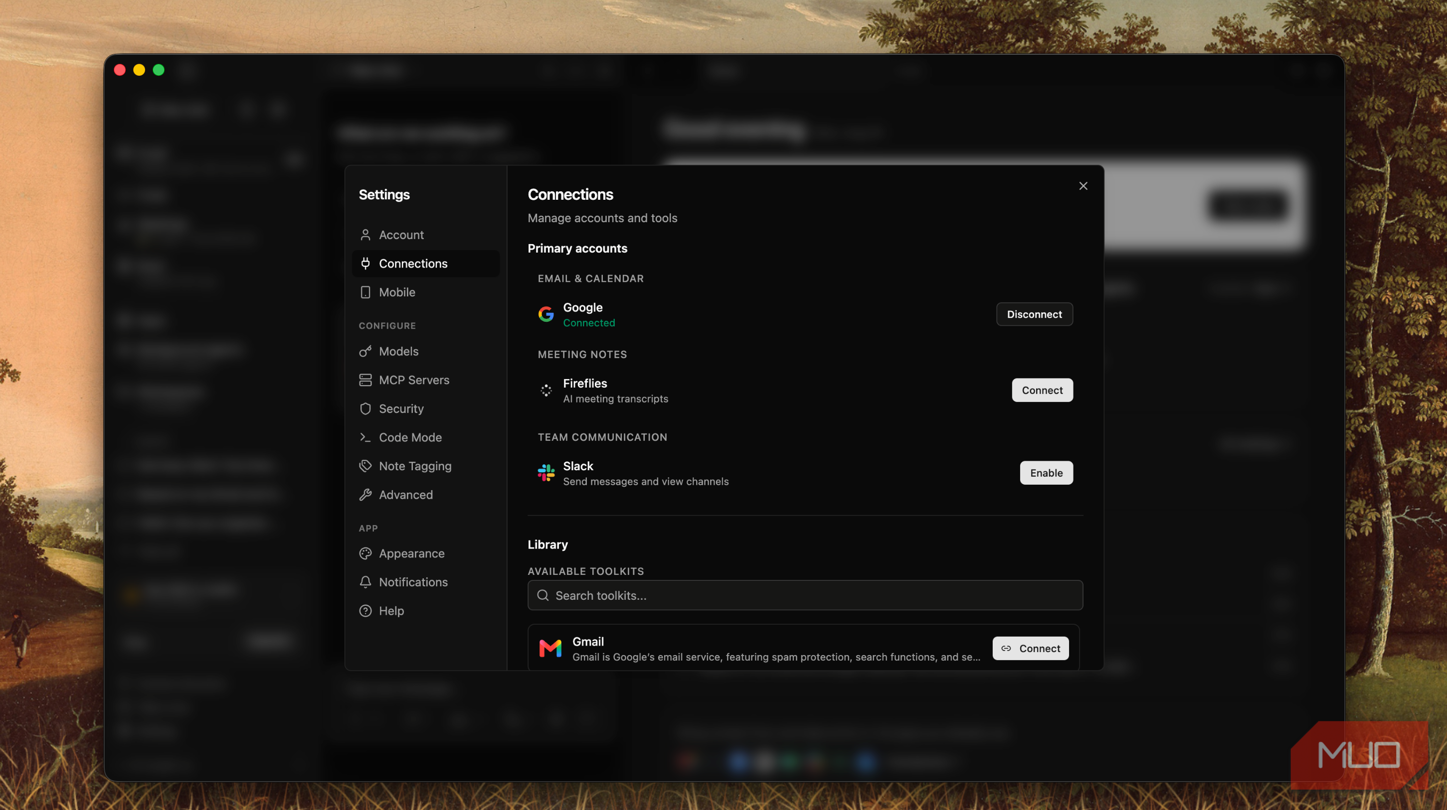 Rowboat settings Connections panel listing Google (connected), Fireflies, Slack, and Gmail toolkit options