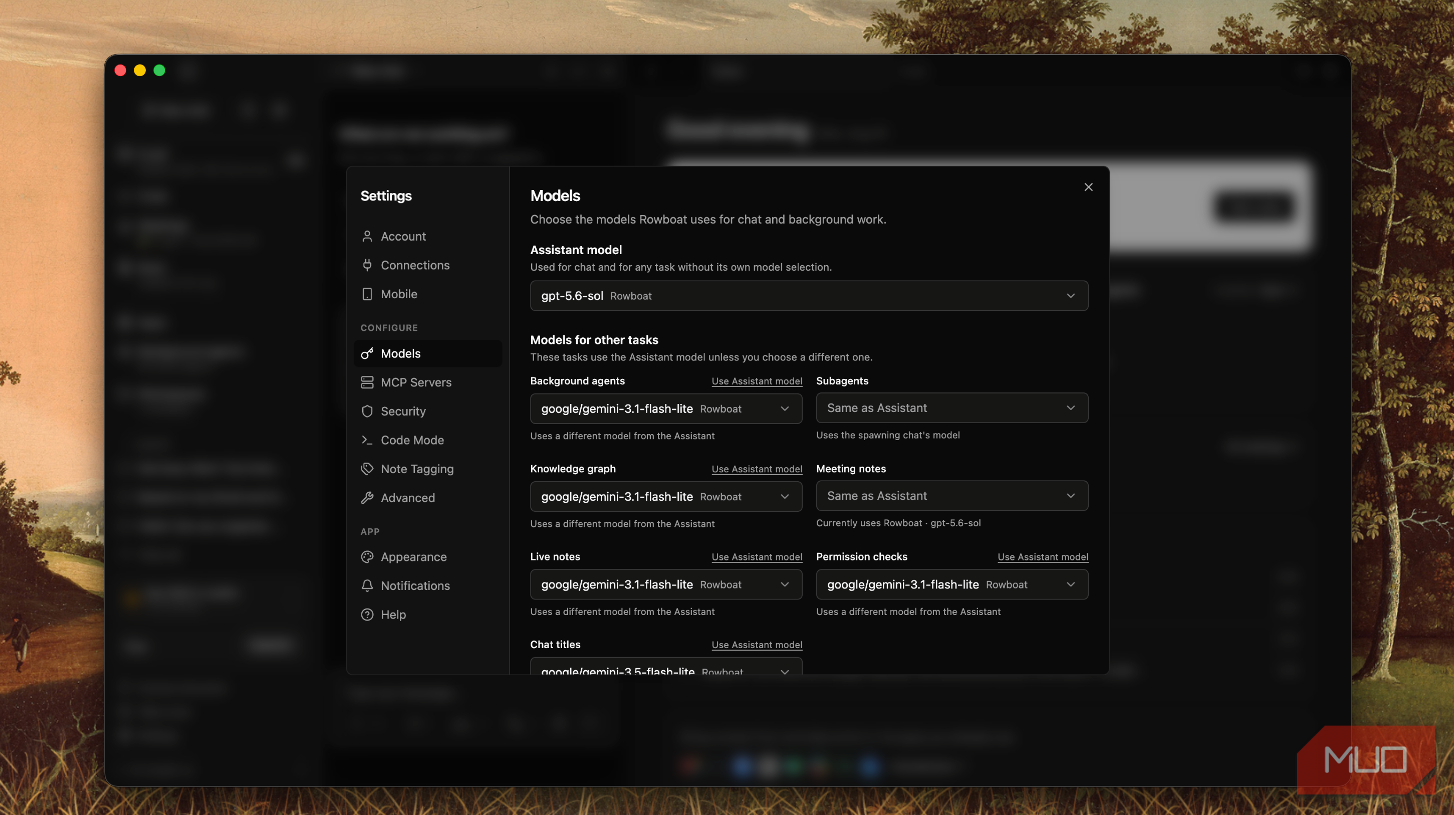 Rowboat settings Models panel showing assistant model gpt-5.6-sol and per-task model assignments