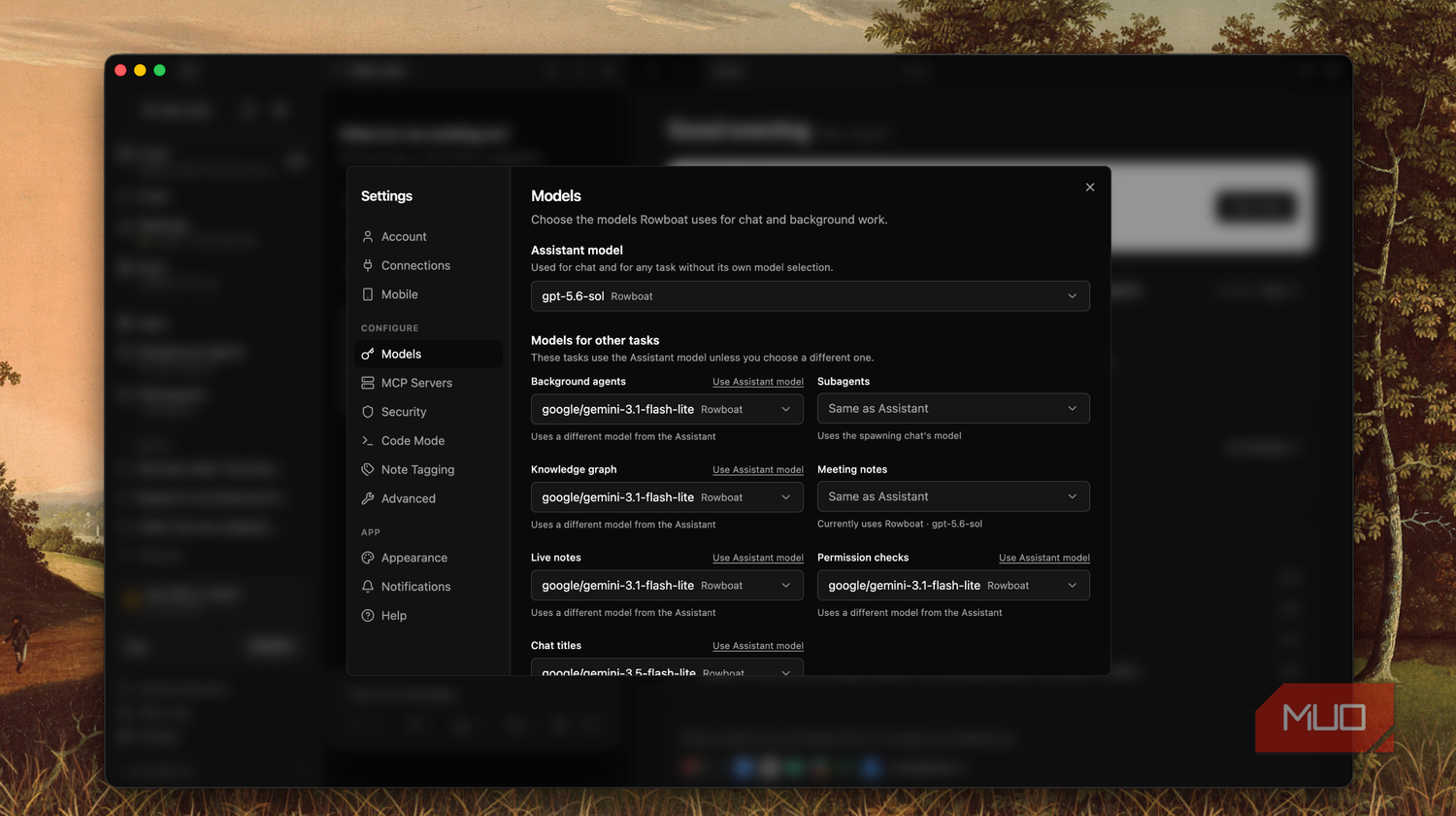 Rowboat settings Models panel showing assistant model gpt-5.6-sol and per-task model assignments