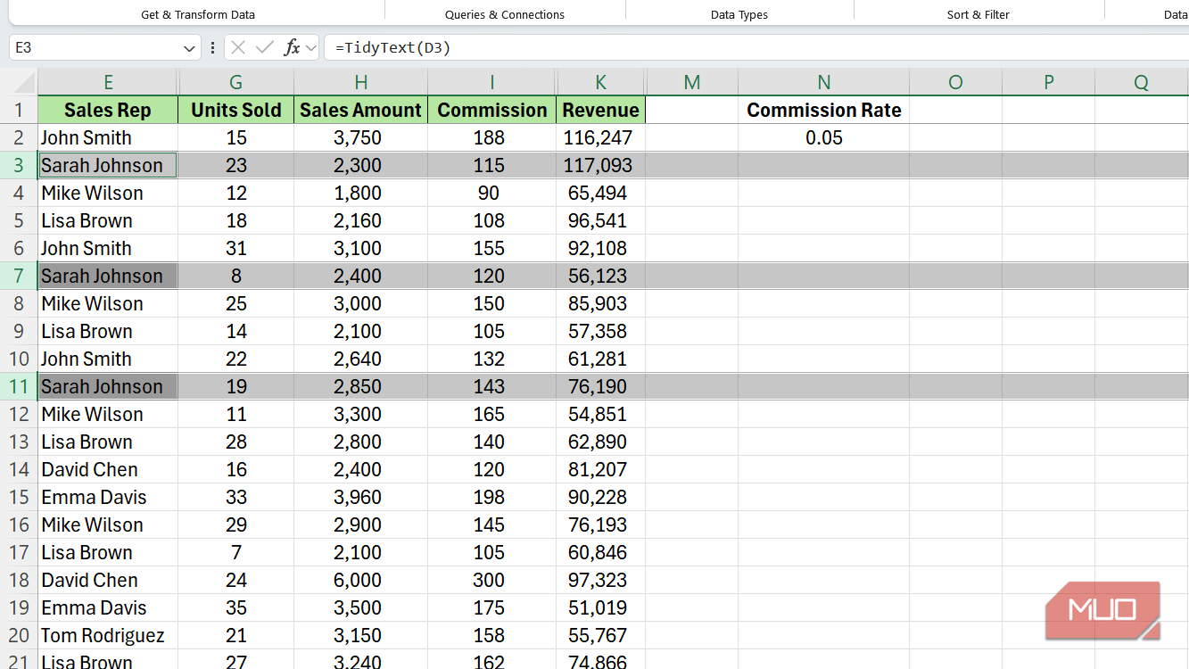 Rows corresponding to Sarah Johnson highlighted in Excel.