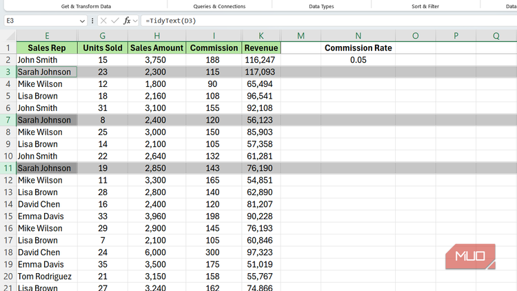 Rows corresponding to Sarah Johnson highlighted in Excel.