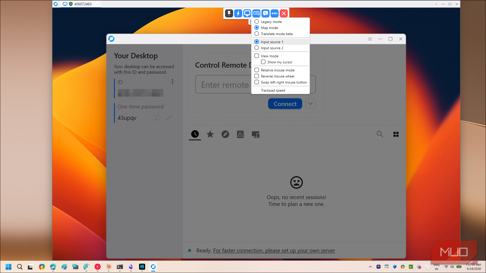 rustdesk control panel with input source and mouse settings menu open
