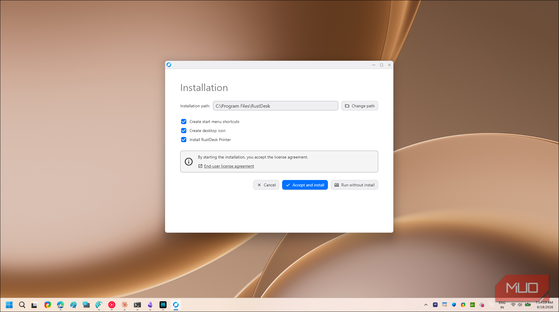 rustdesk installation dialog with license agreement and setup options