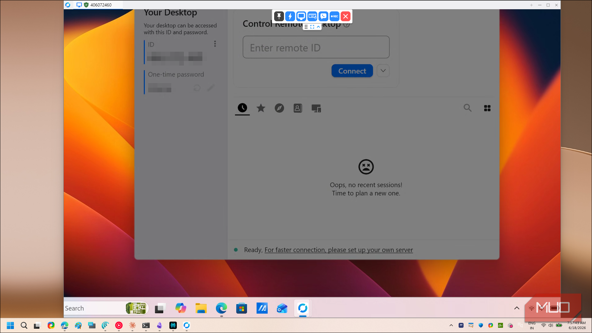 rustdesk remote desktop connection interface with control panel
