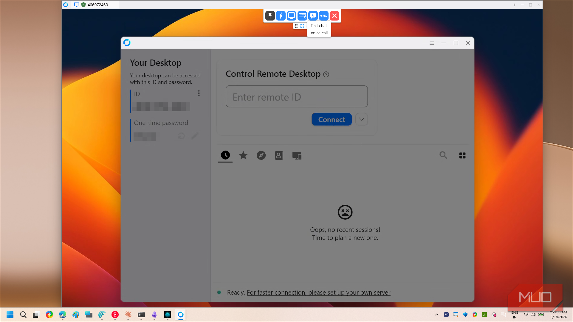 rustdesk remote desktop connection interface with id and control panel