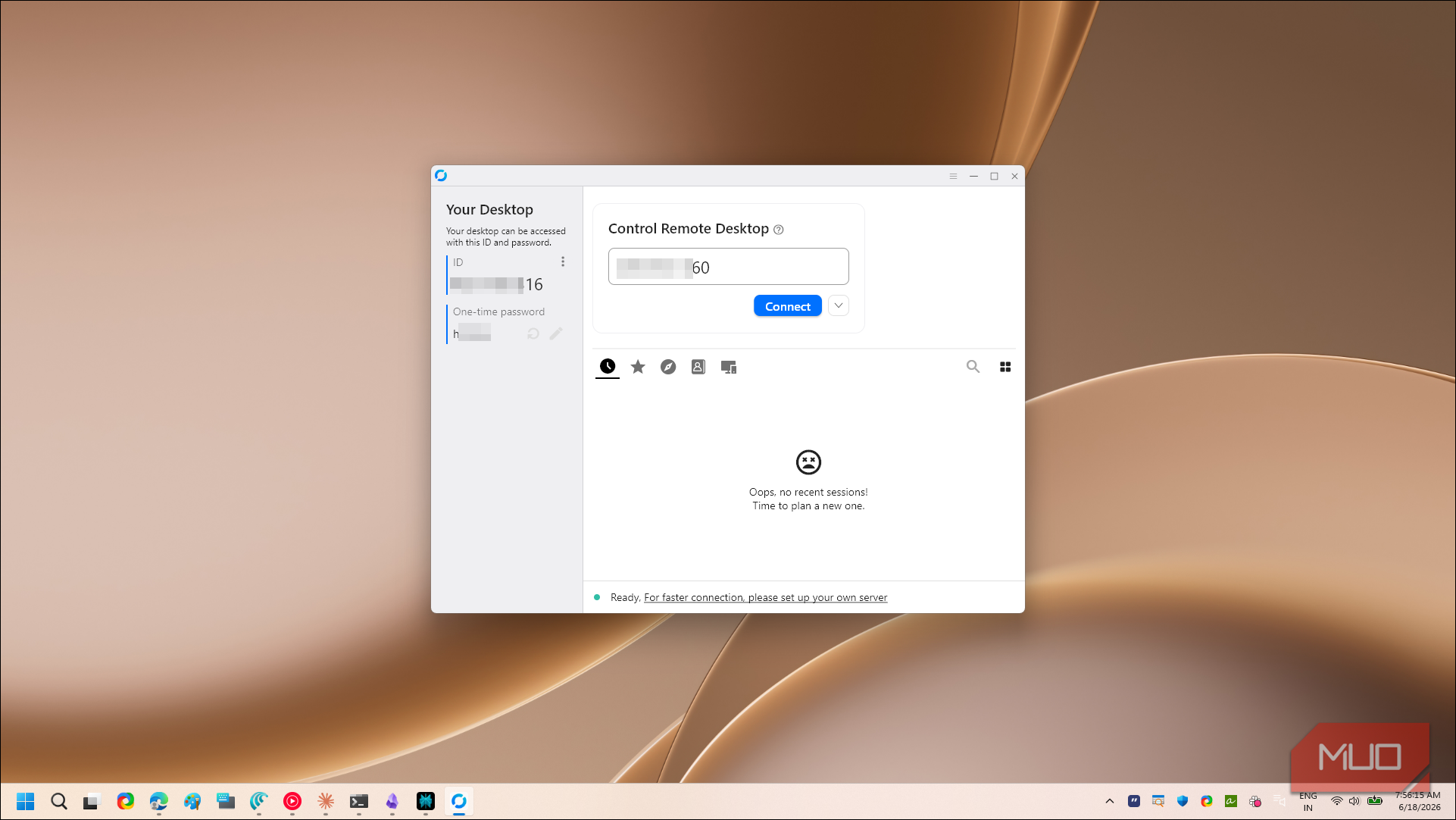 rustdesk remote desktop control interface with id and connect button