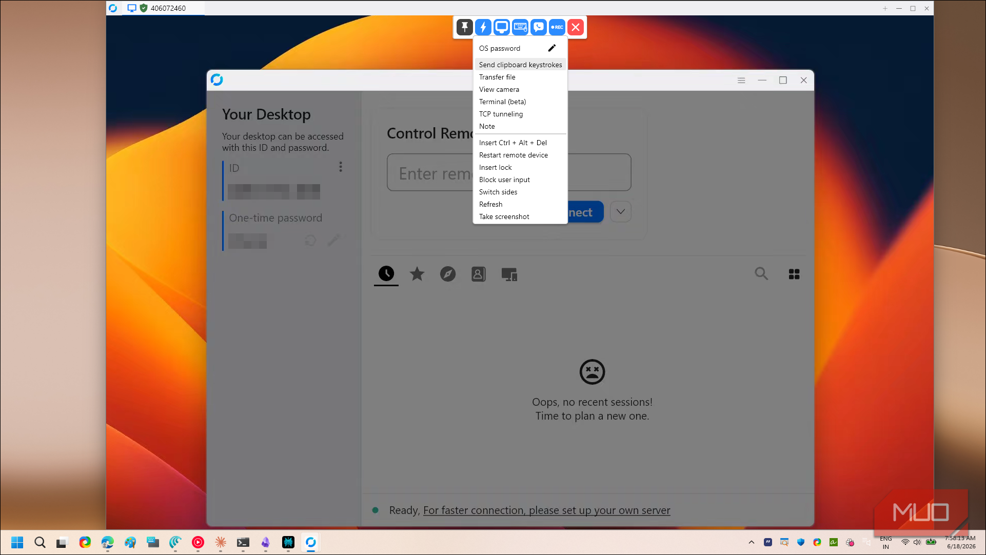 rustdesk remote desktop control menu with session tools and options