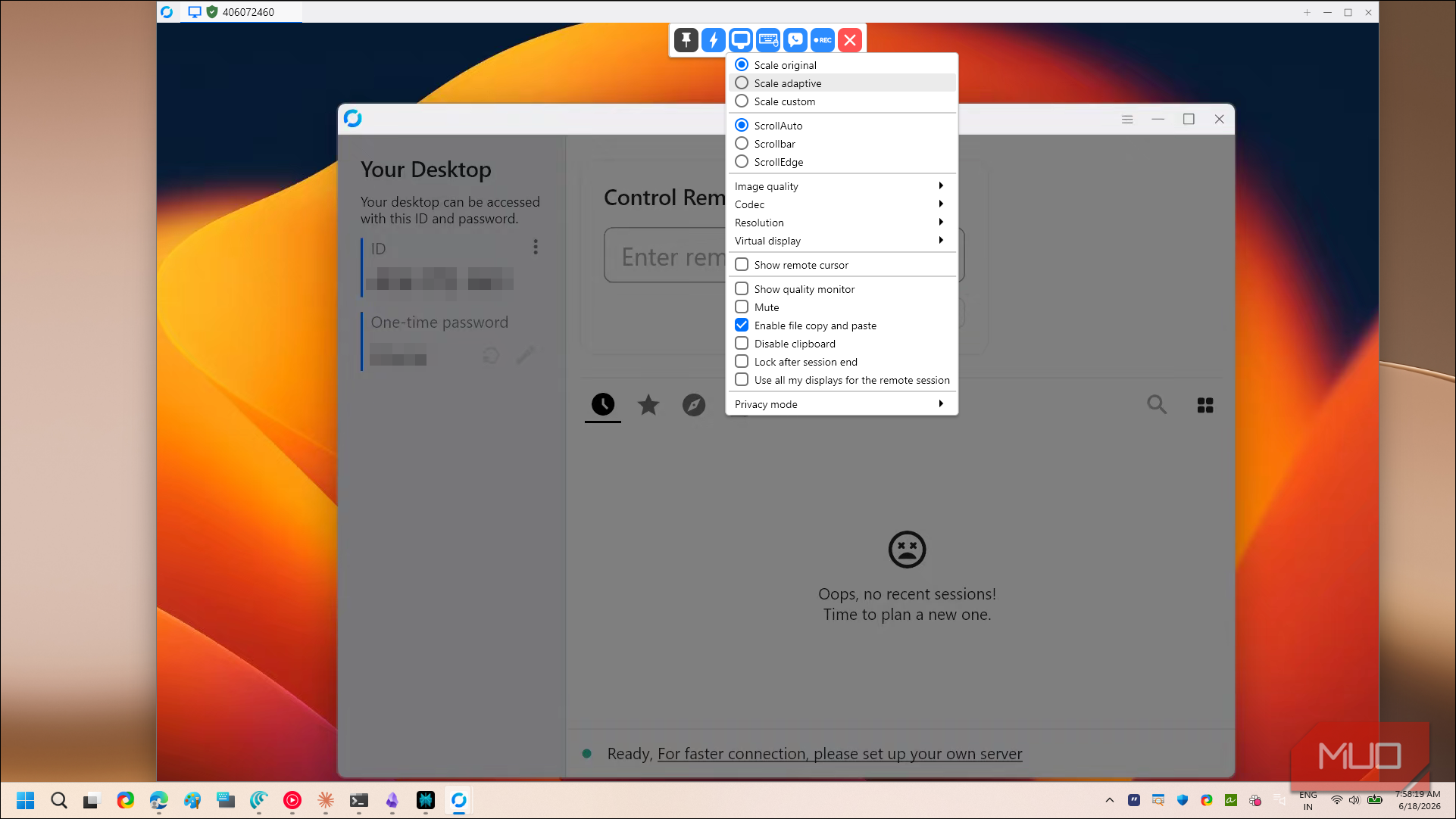 rustdesk session display and quality settings menu