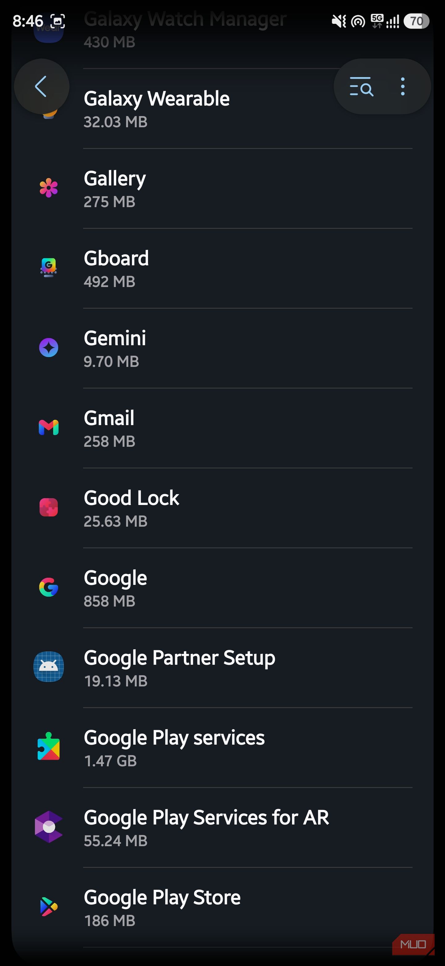 Android app list showing Google apps and their storage usage