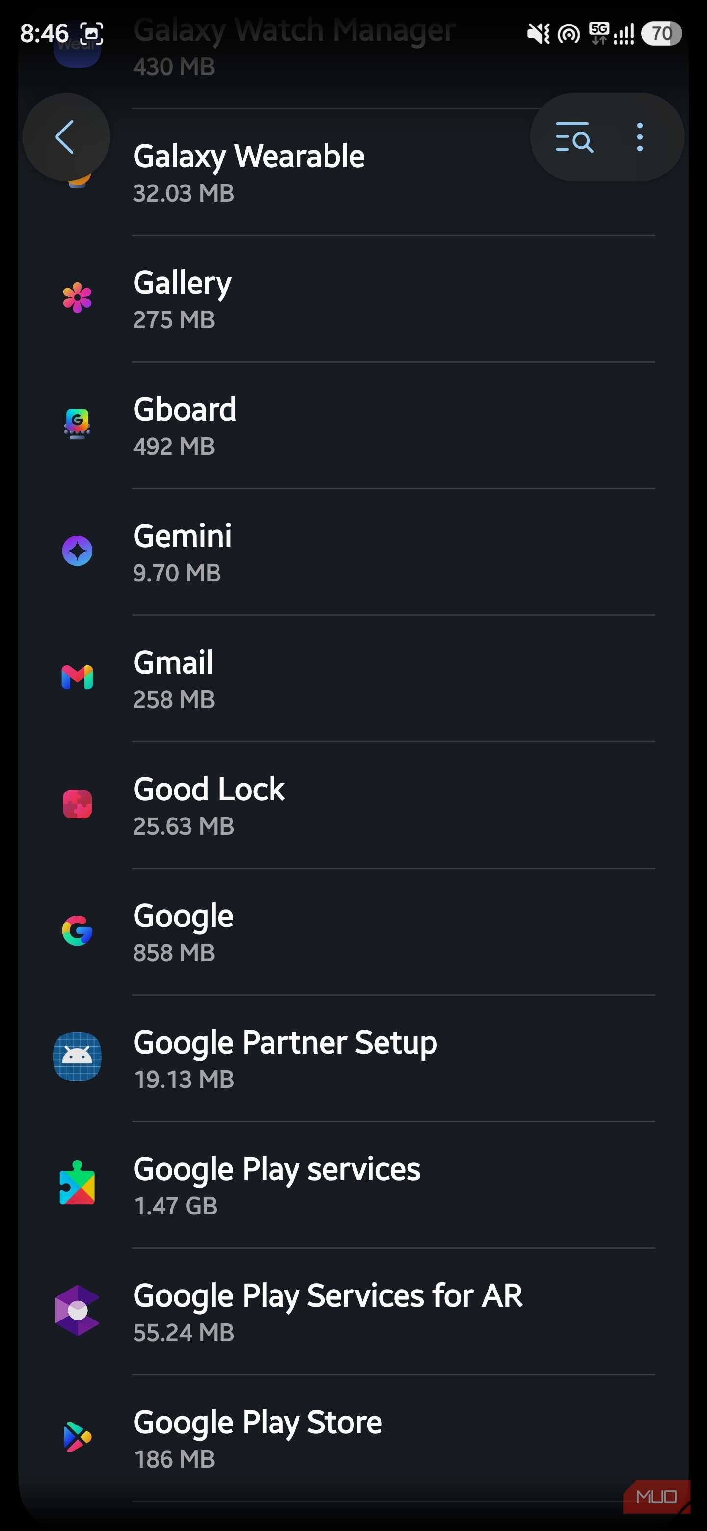 Android app list showing Google apps and their storage usage