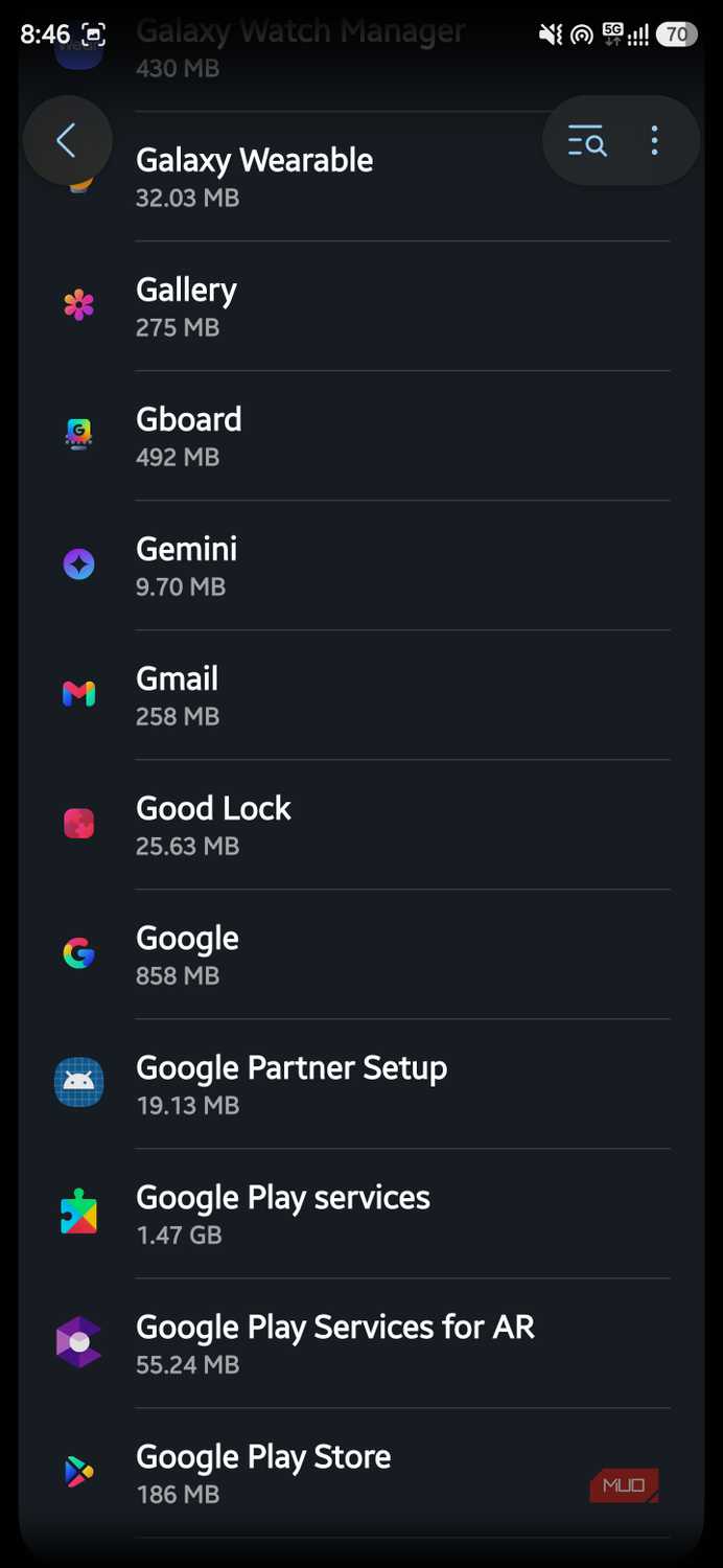 Android app list showing Google apps and their storage usage