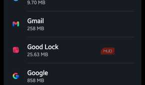 Android app list showing Google apps and their storage usage