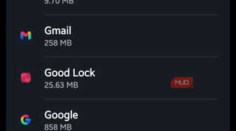 Android app list showing Google apps and their storage usage