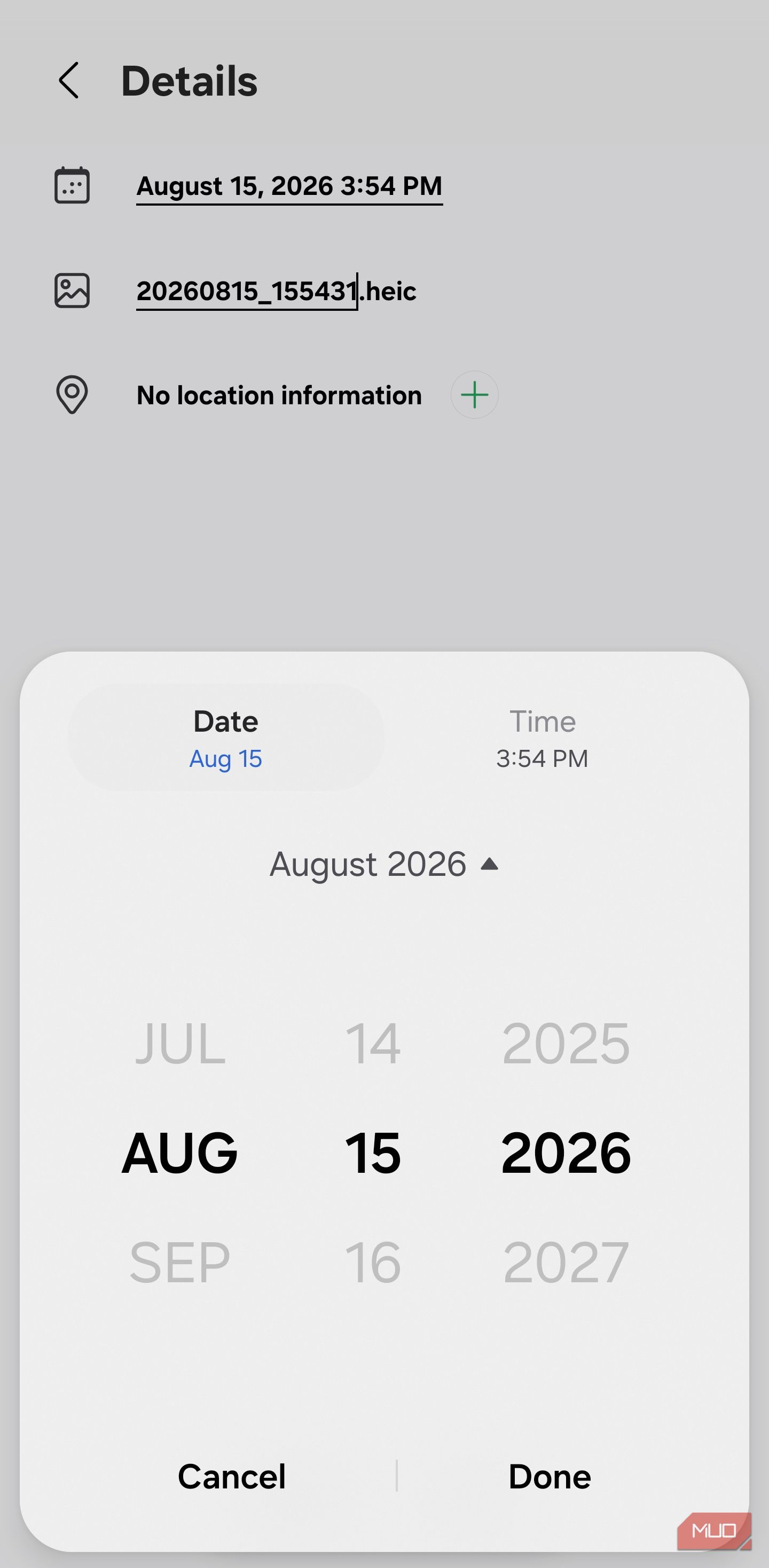 Samsung Gallery date picker with location field