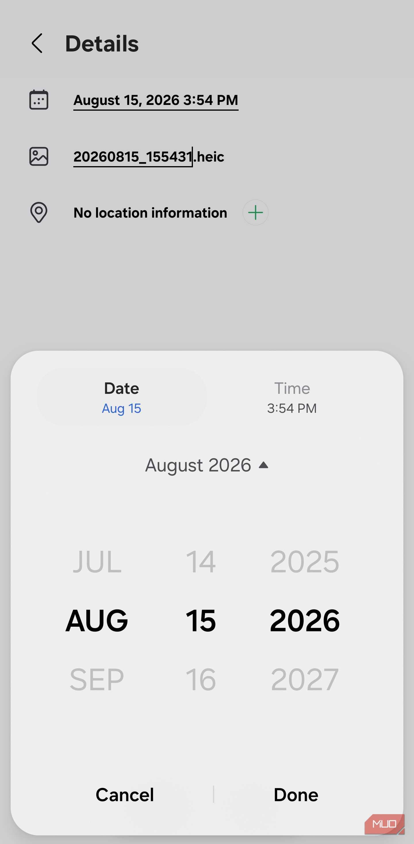 Samsung Gallery date picker with location field