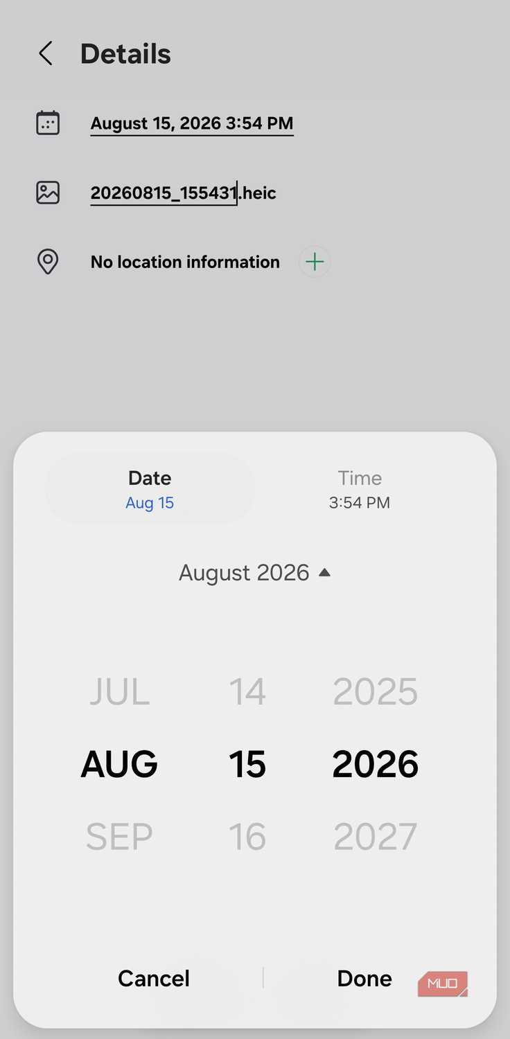 Samsung Gallery date picker with location field