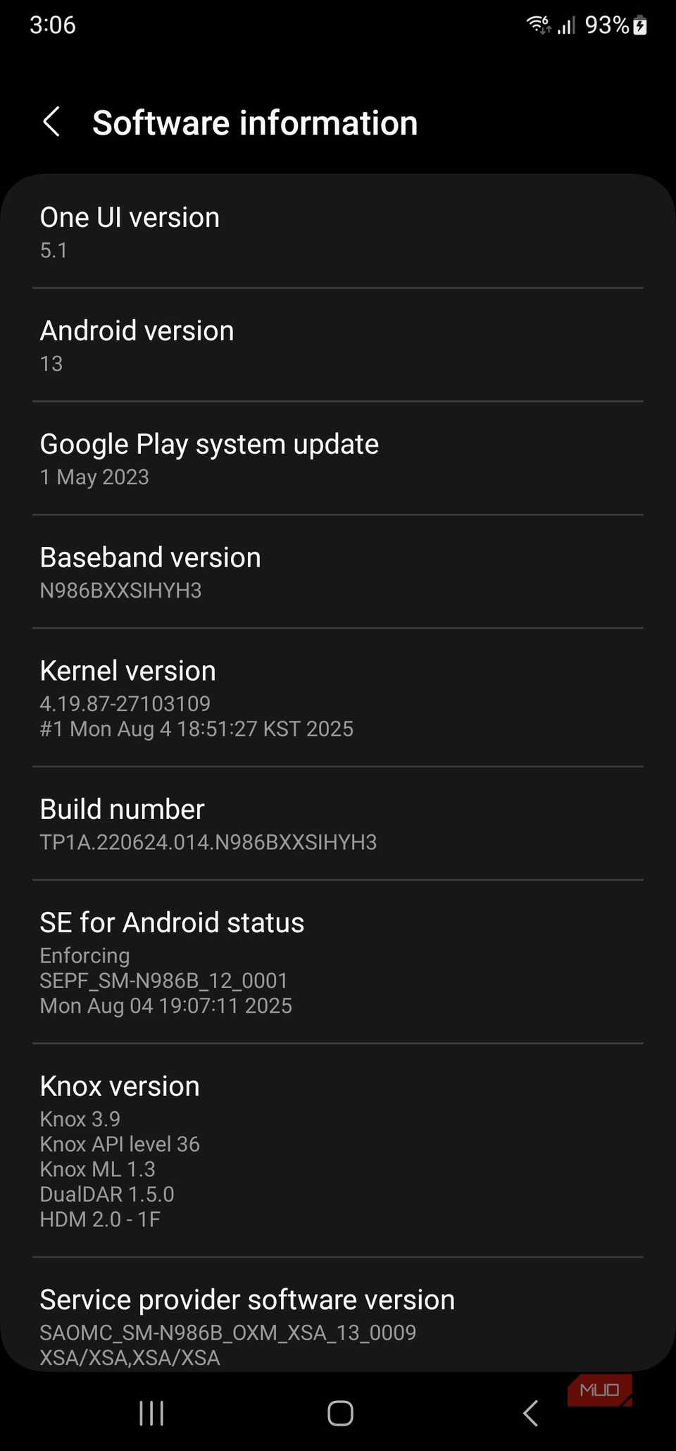Samsung Note 20 Ultra OEM software information