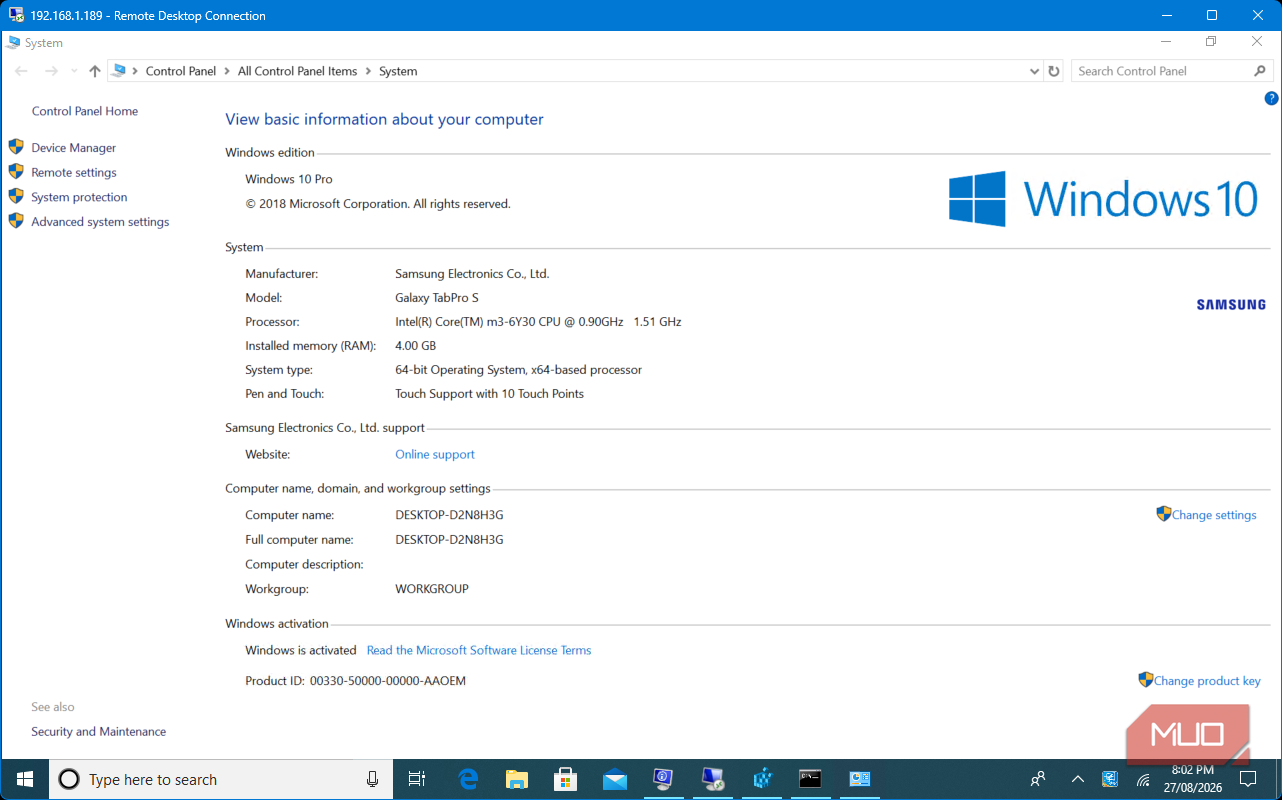 Samsung ProTab sysinfo system information Windows 10