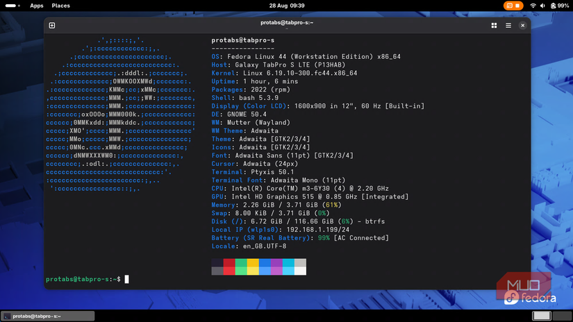 Samsung ProTab with Fedora Linux installed showing fastfetch stats