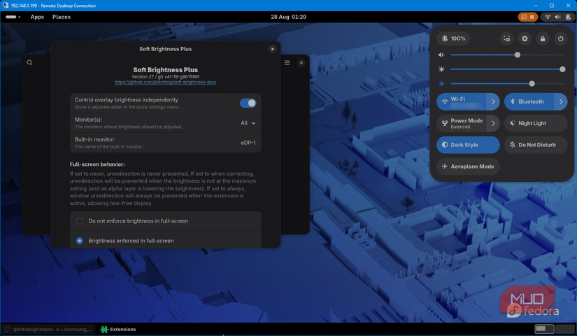 Softbrightness GNOME extension and slider in Fedora Linux
