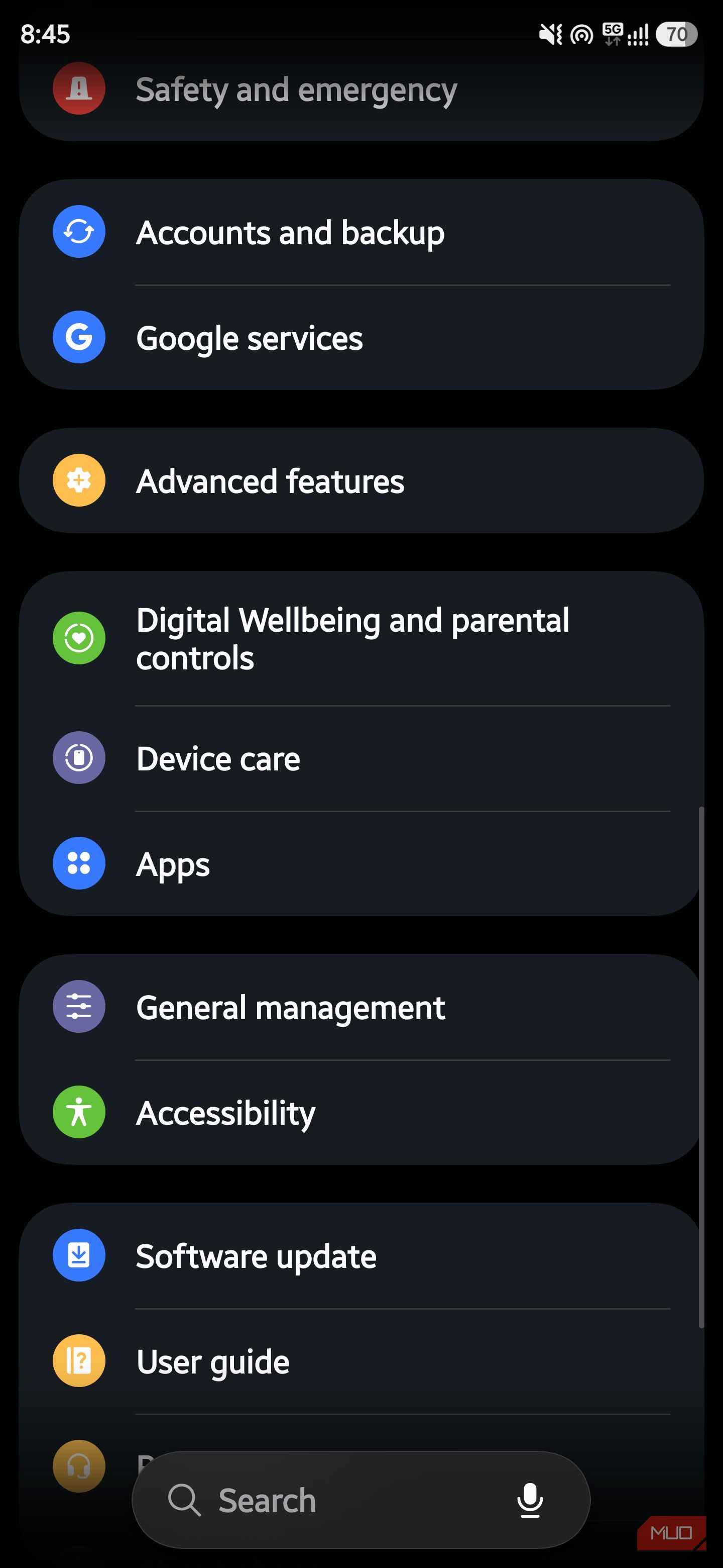 Samsung settings menu showing apps and device management options