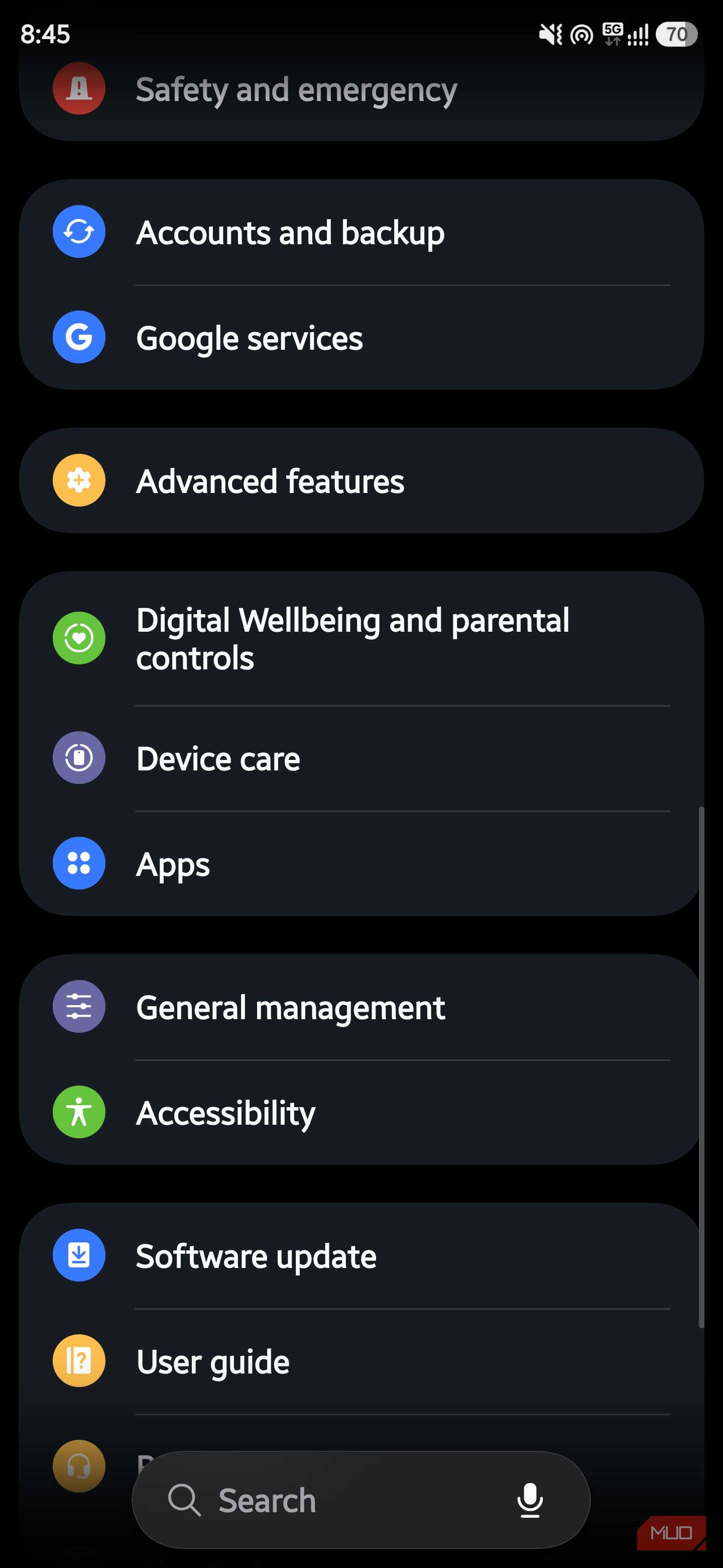 Samsung settings menu showing apps and device management options
