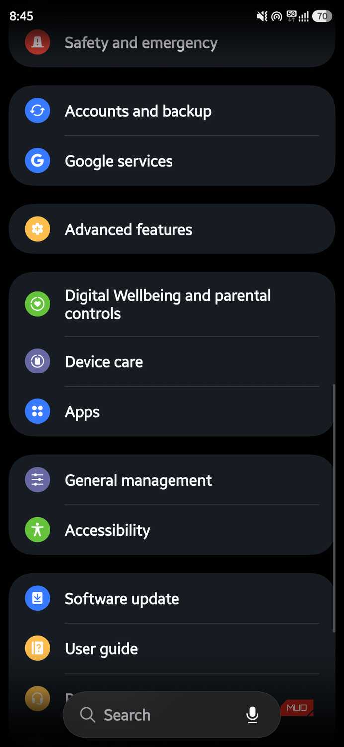 Samsung settings menu showing apps and device management options