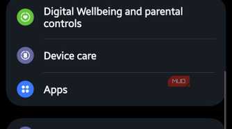 Samsung settings menu showing apps and device management options