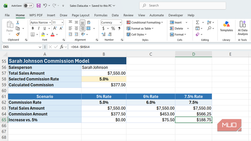 Sarah Johnson commission model in Excel.