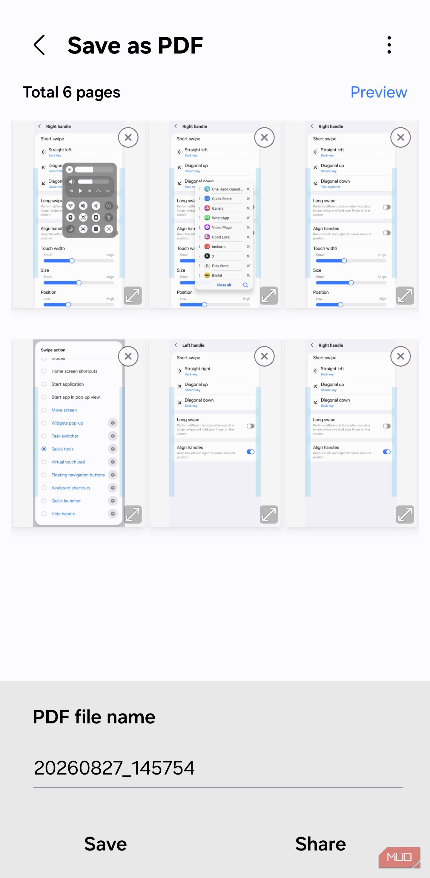Save as PDF screen in Samsung Gallery