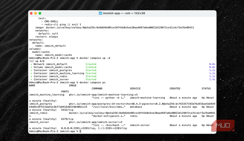 Terminal confirms Docker services are healthy.