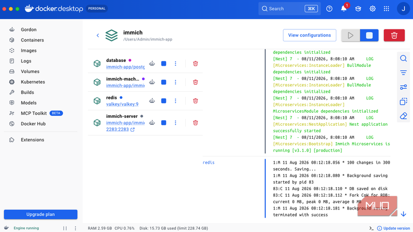 The Immich container inside Docker.