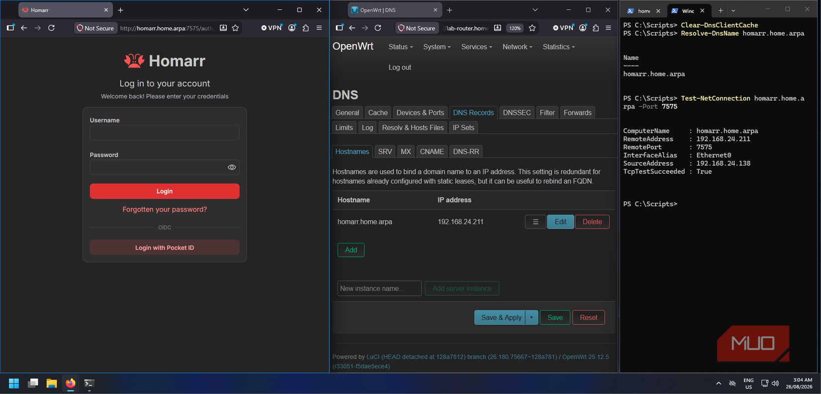 Setting DNS records for Homarr dashboard, with resolver results and loaded login page