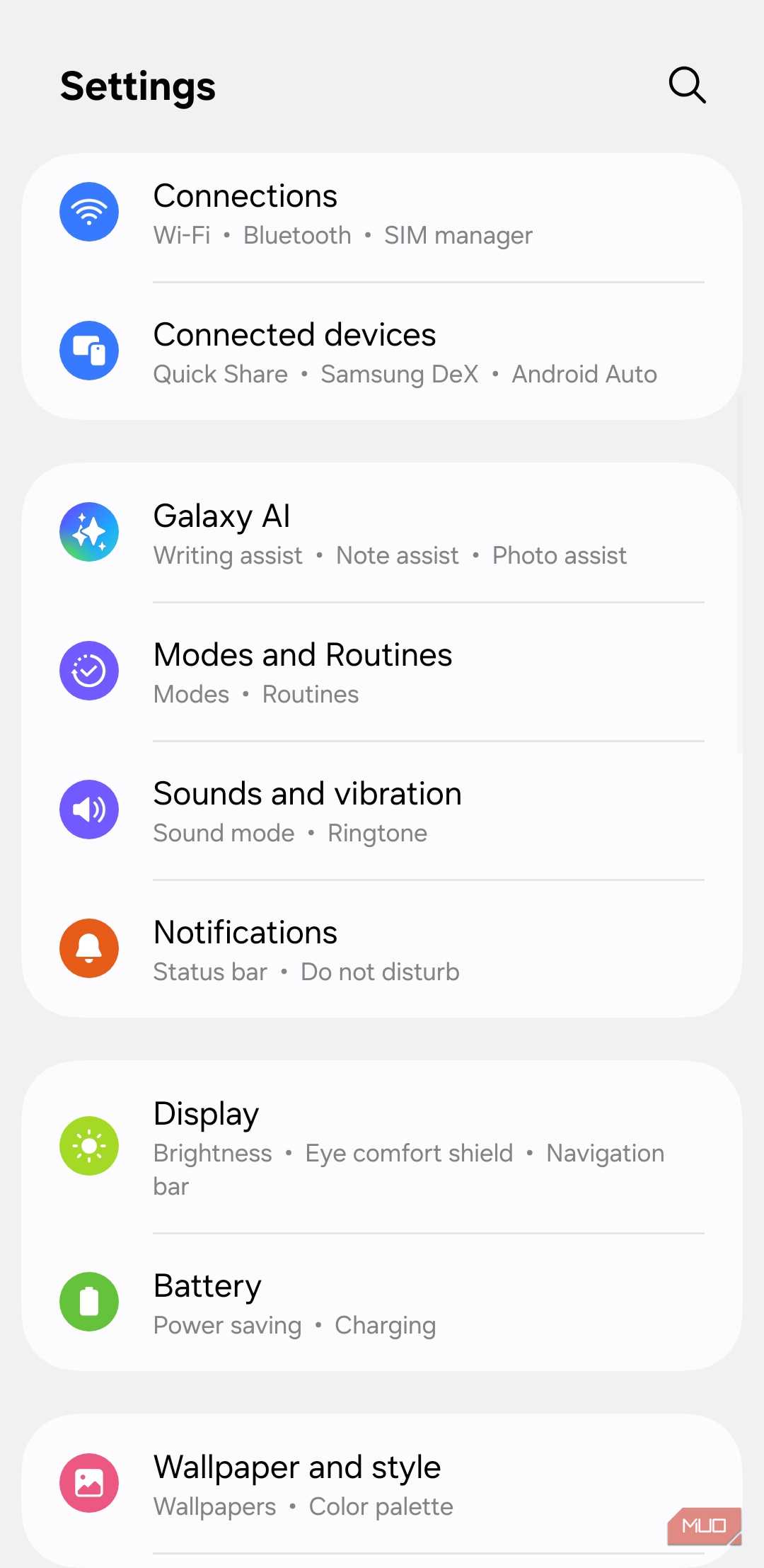 Settings app on Samsung phone