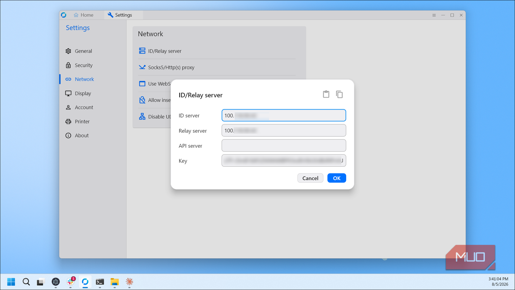 Settings Network ID Relay server configuration dialog