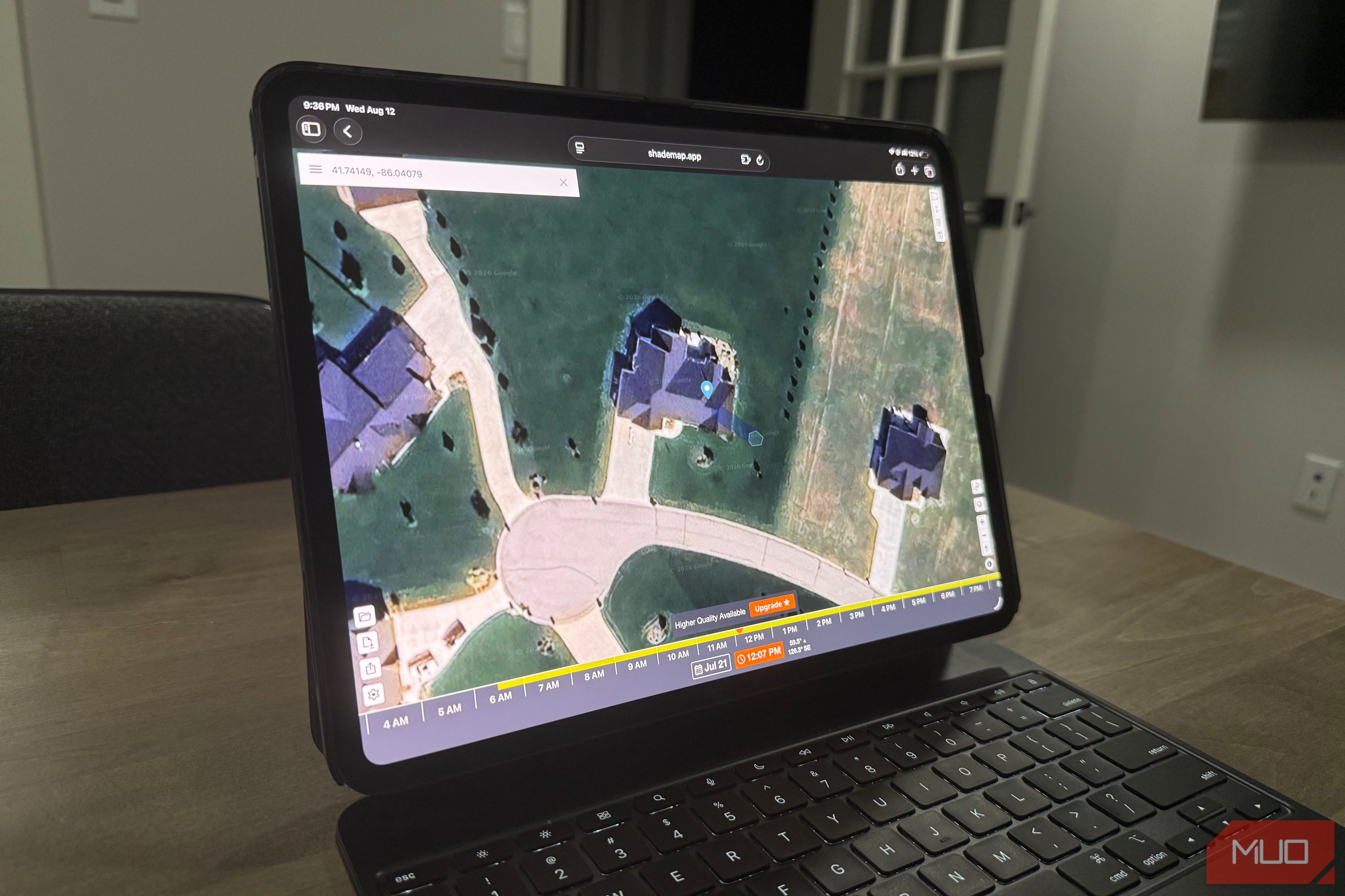 shademap.app on iPad Pro showing aerial property view