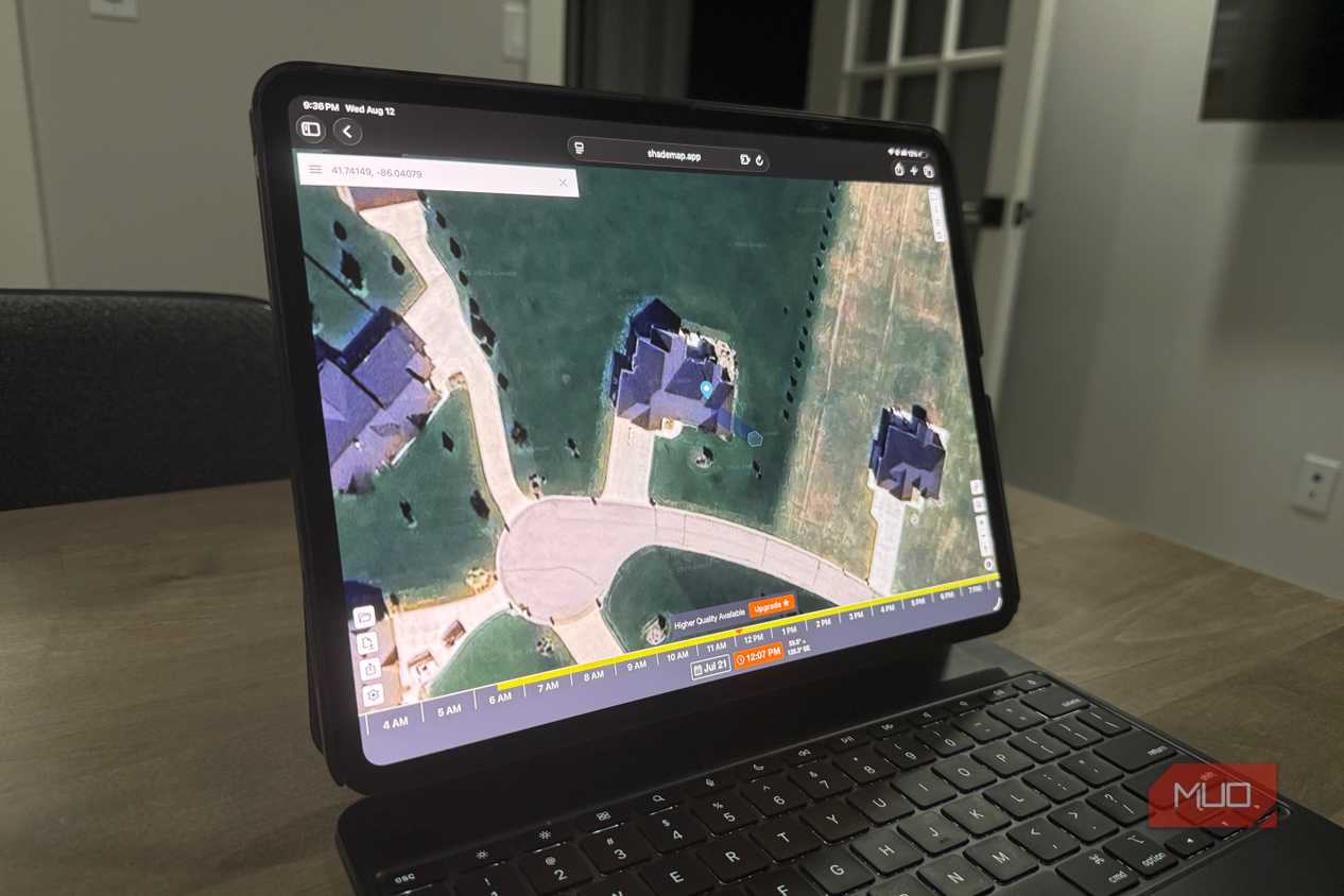shademap.app on iPad Pro showing aerial property view