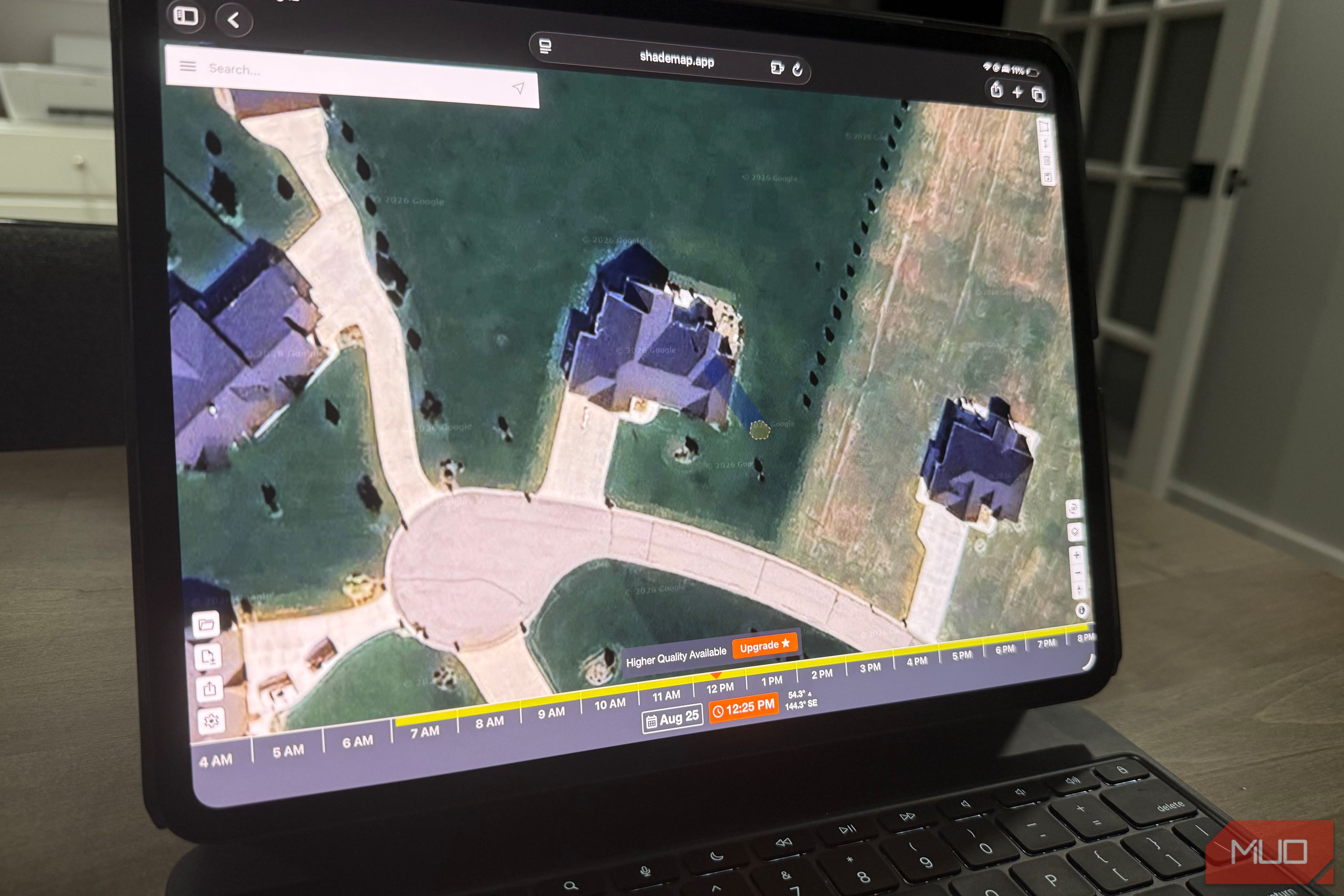 shademap.app on iPad Pro showing aerial view on an August date