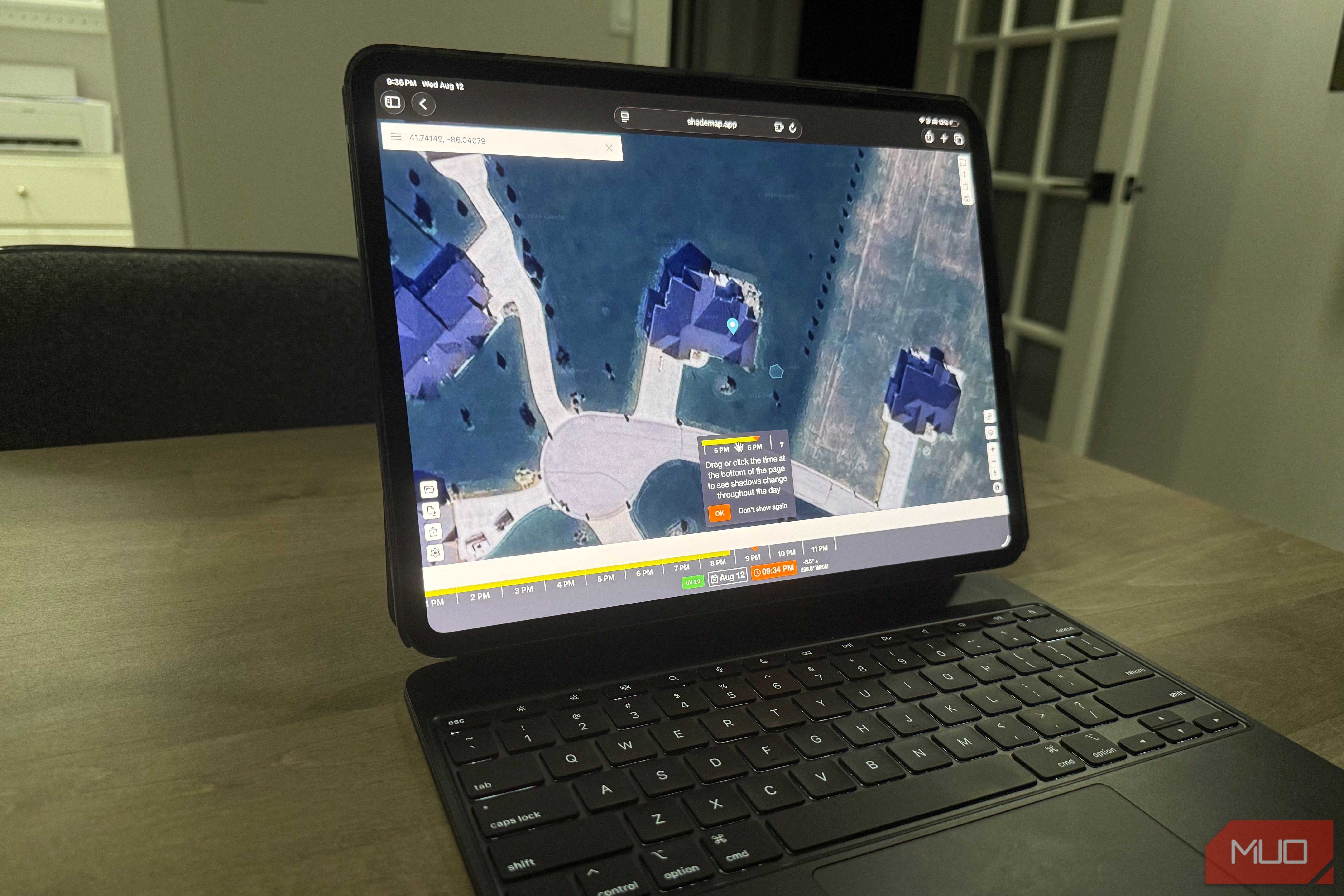 shademap.app on iPad Pro showing aerial view with help tooltip