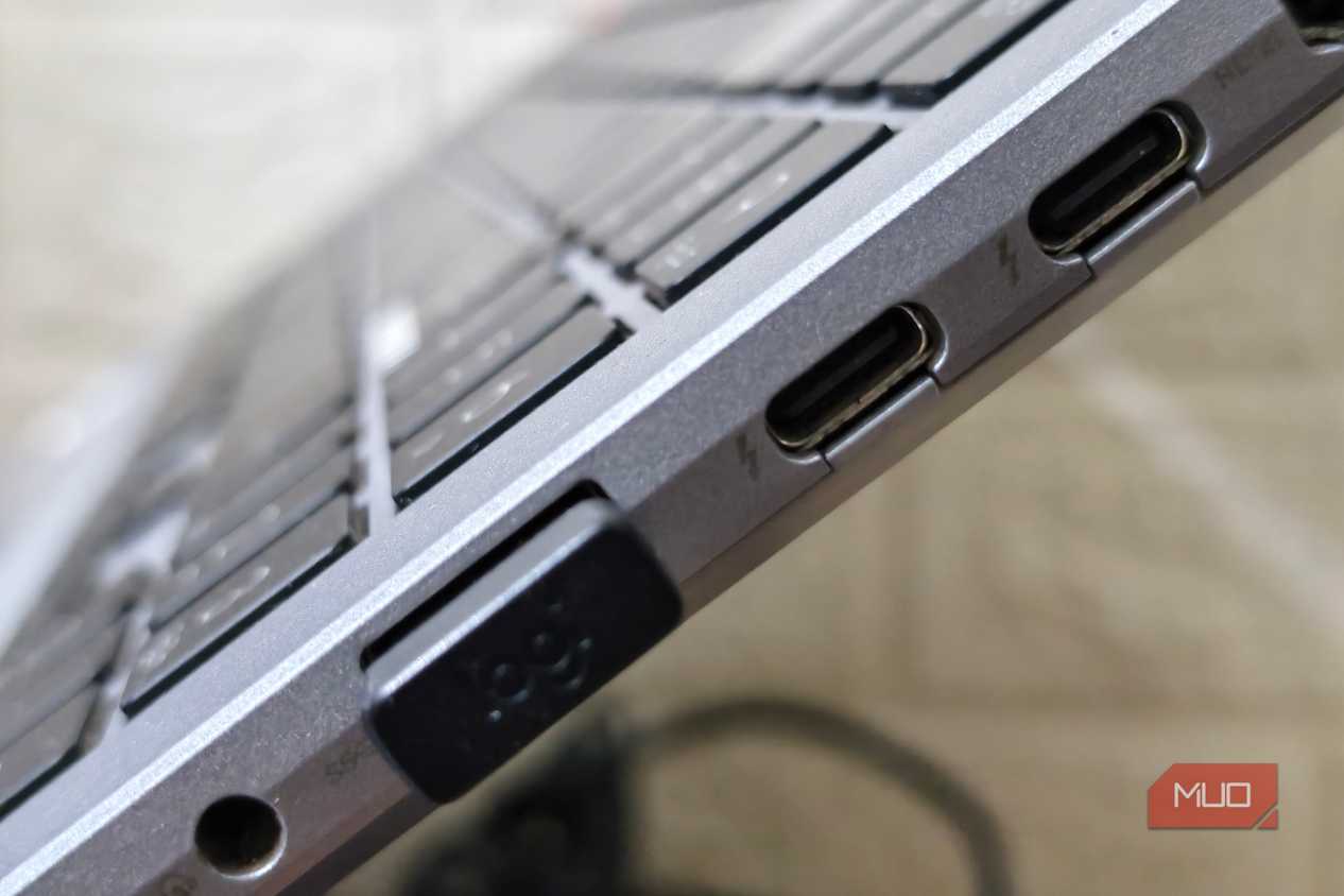 Side view showing two USB-C and one USB-A port