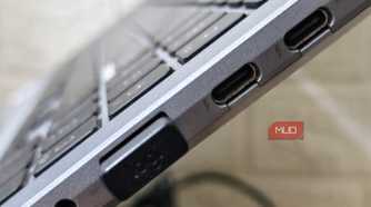 Side view showing two USB-C and one USB-A port