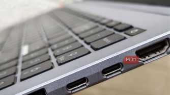 Side view showing two USB-C and one USB-A port