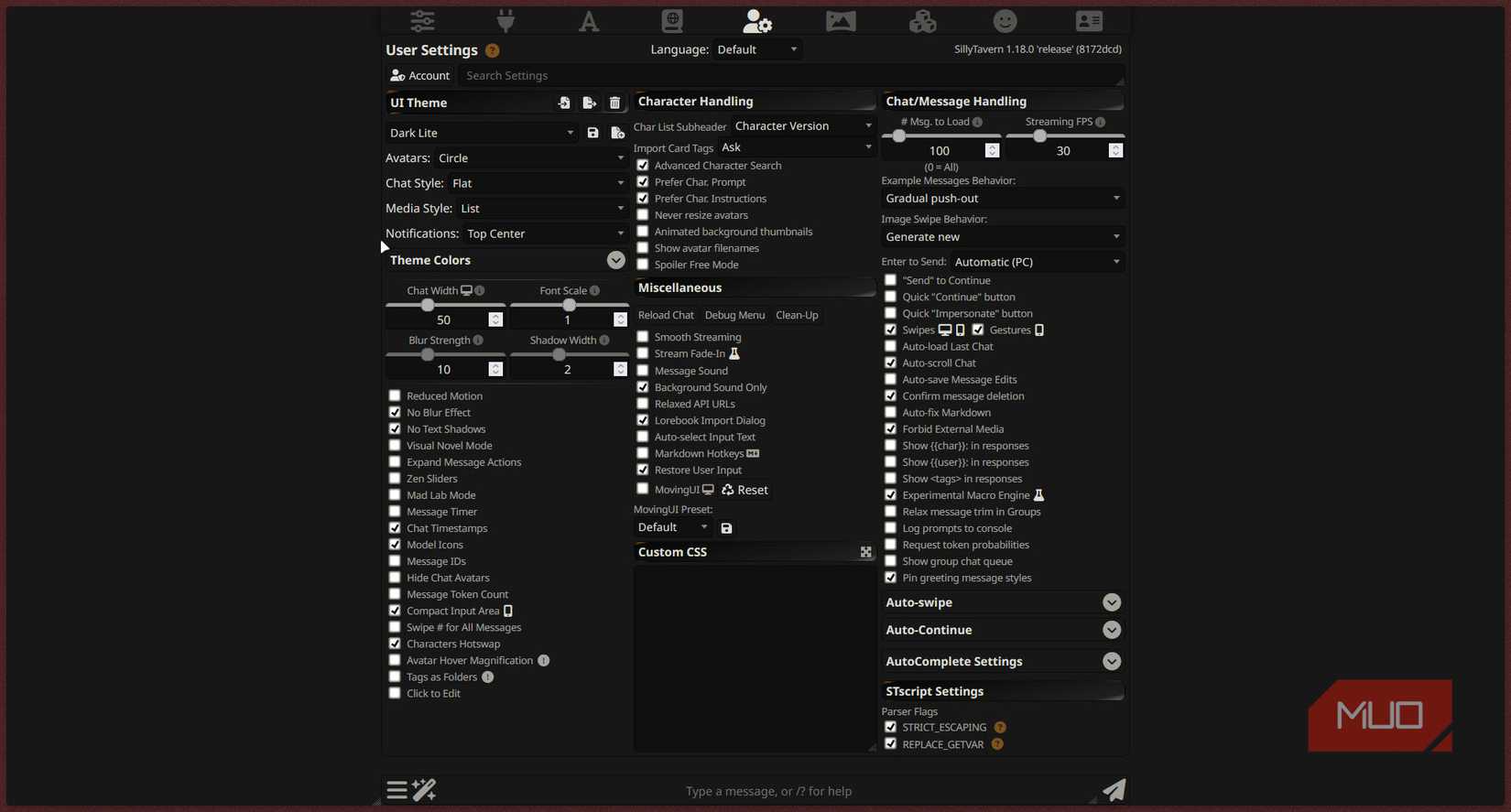 SillyTavern user settings menu.
