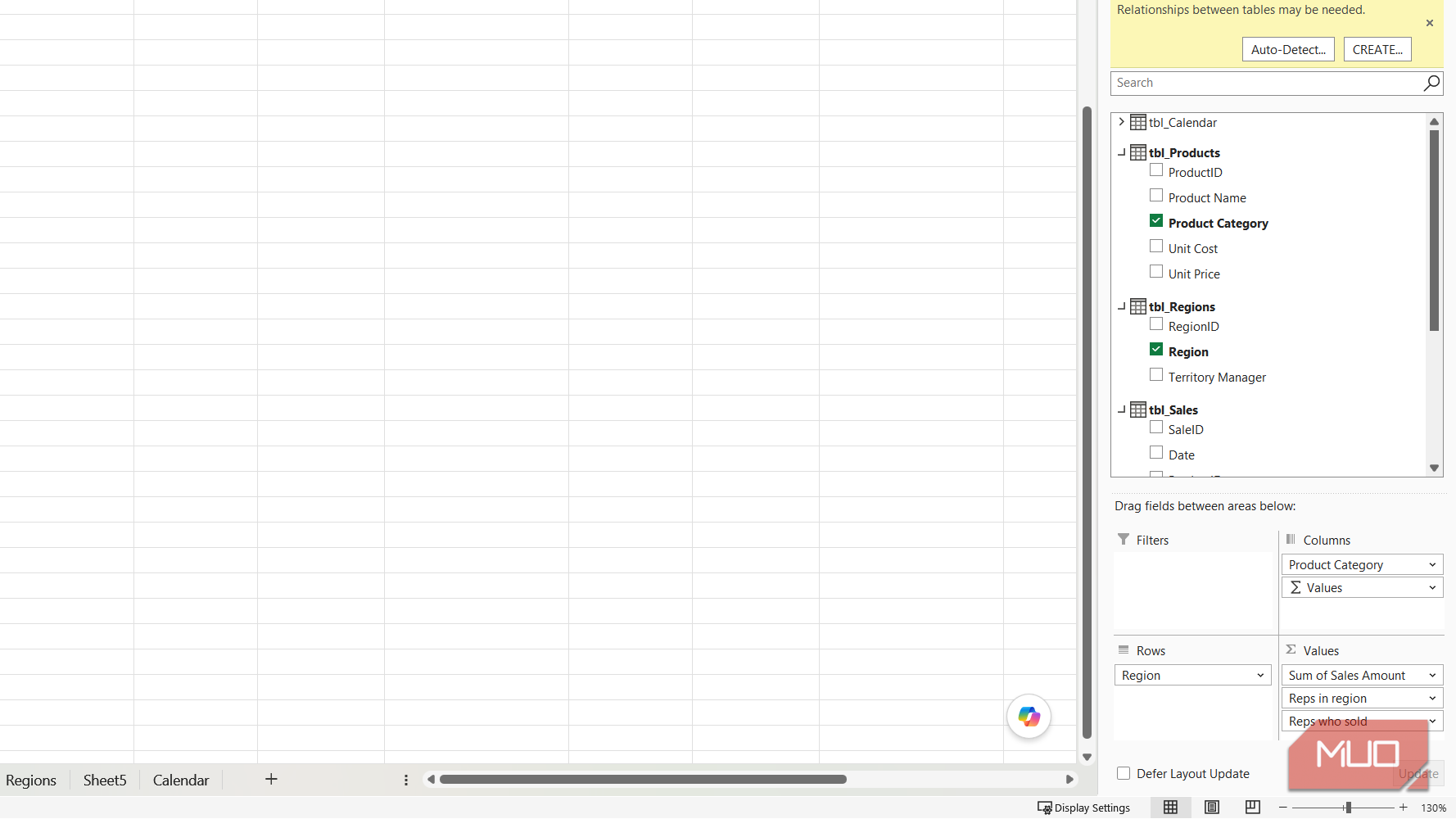 Six items in PivotTable Fields in Excel.