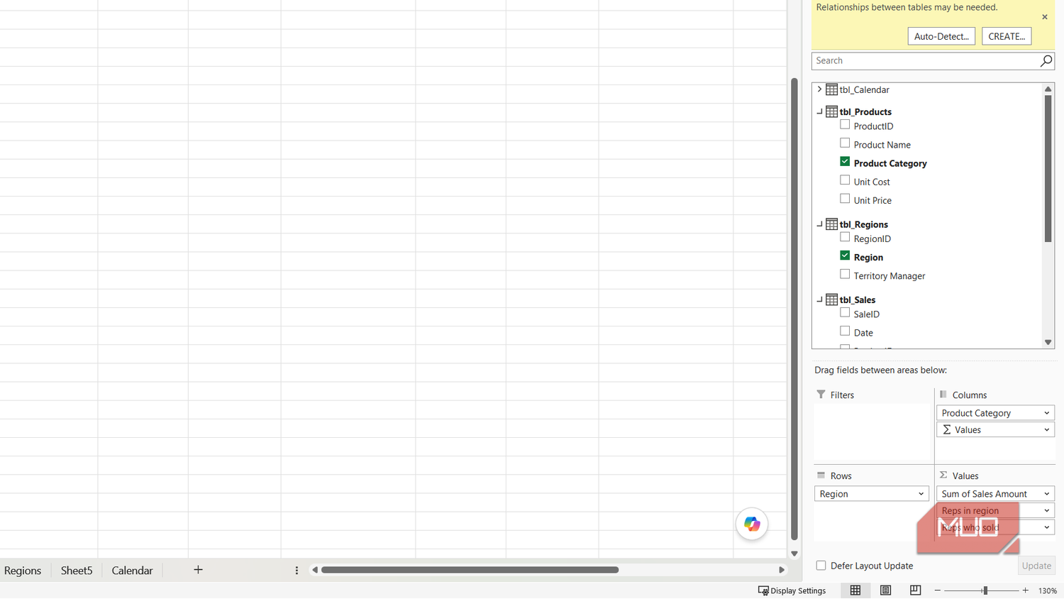 Six items in PivotTable Fields in Excel.