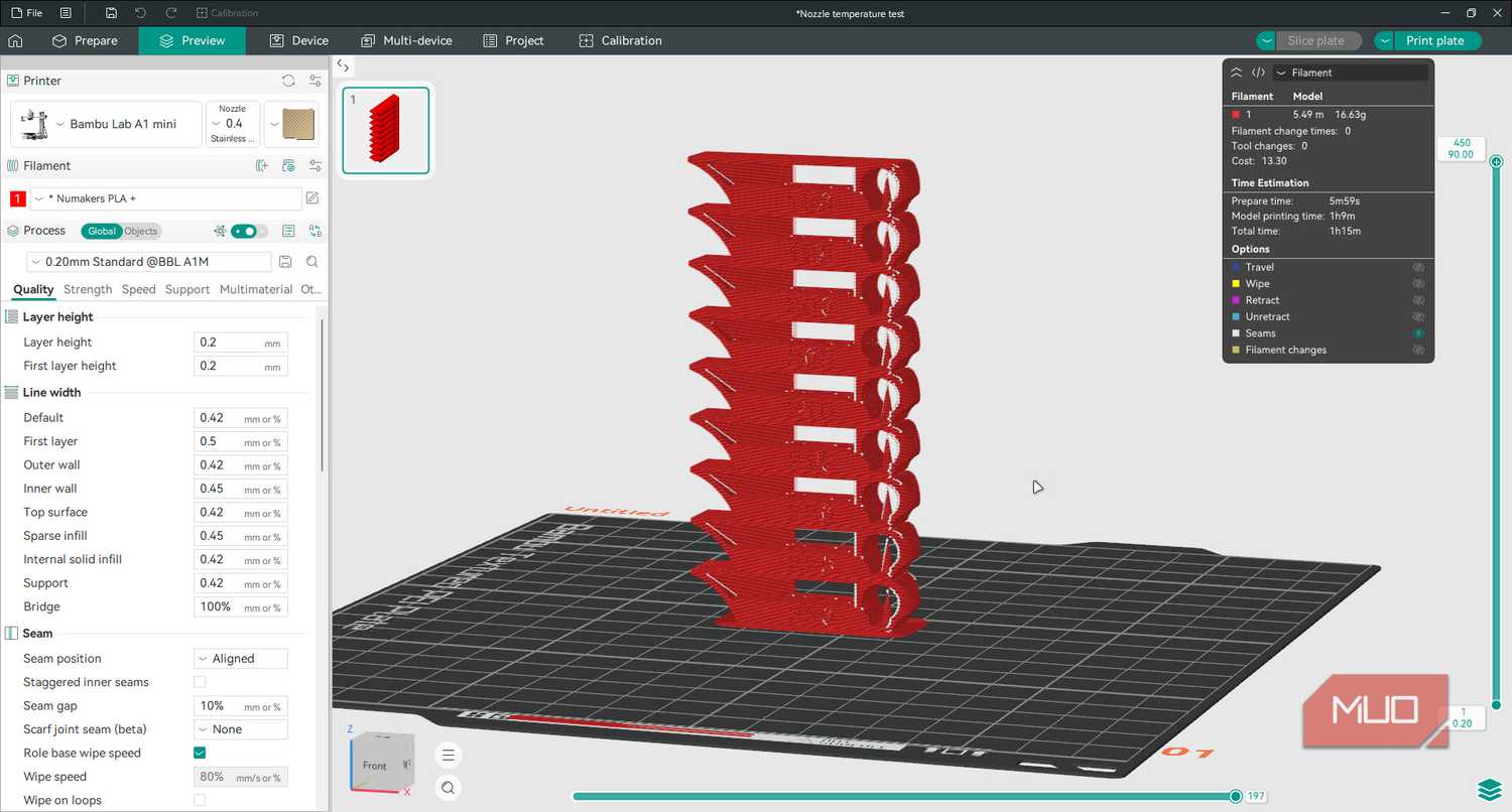 Sliced temperature tower in OrcaStudio.