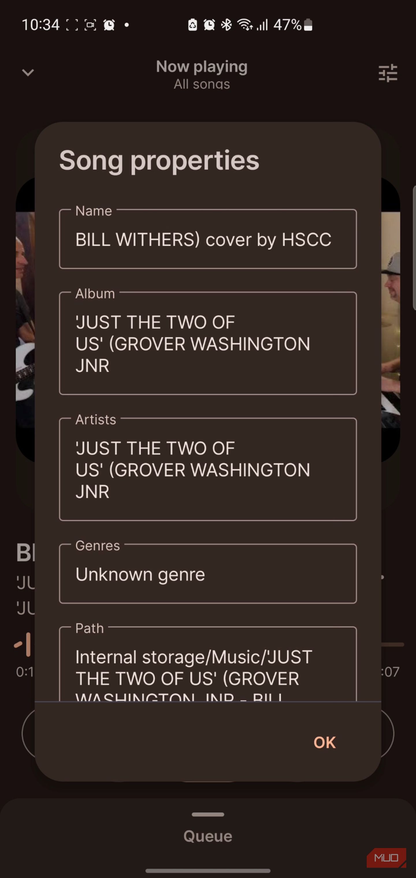 Song properties popup showing track metadata details