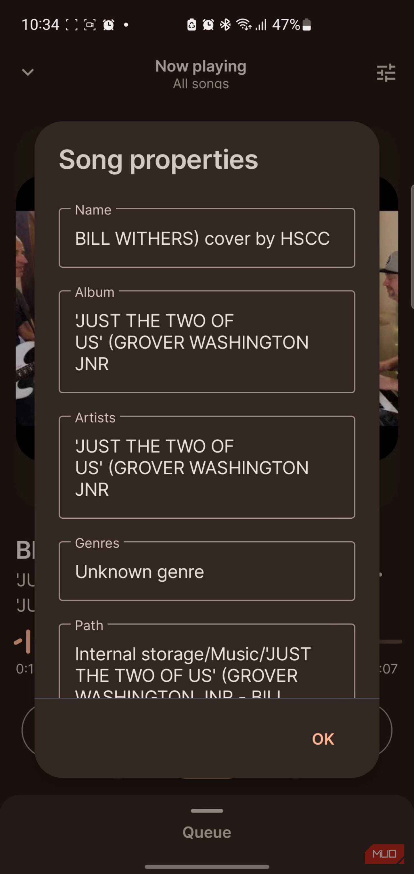 Song properties popup showing track metadata details