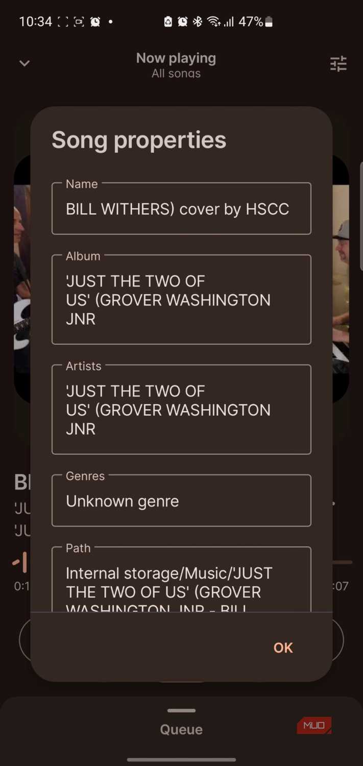 Song properties popup showing track metadata details