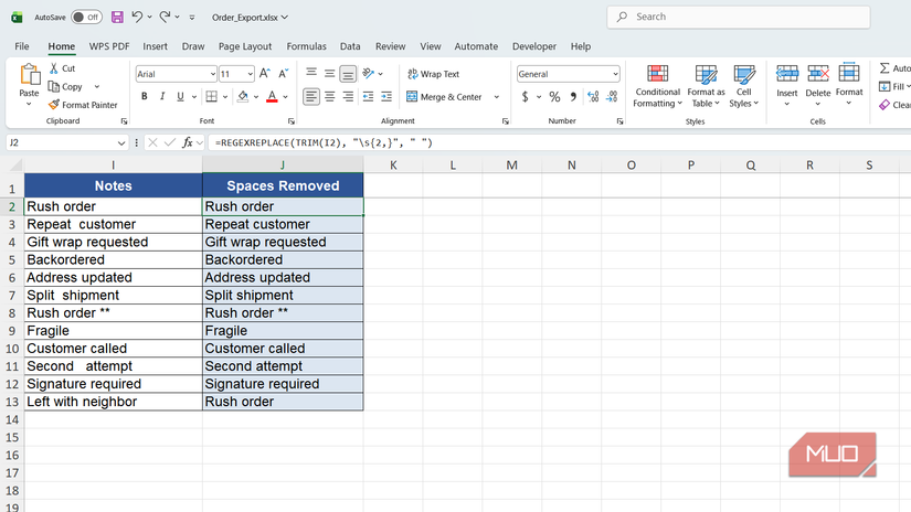 Spaces removed from notes highlighted in Excel.